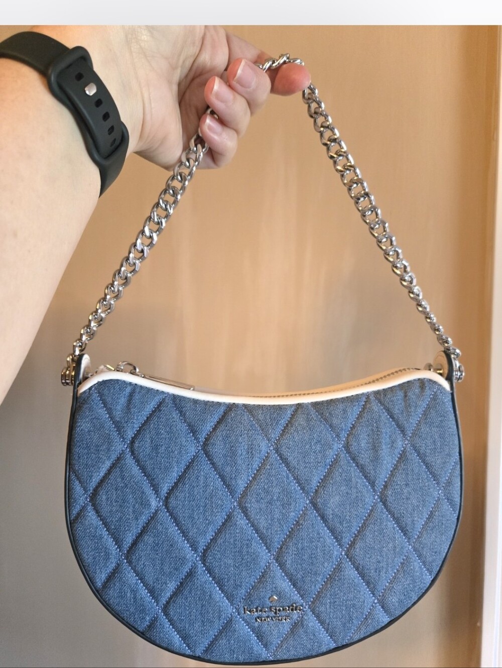 kate spade Quilted Carey Denim Crossbody with Silver Chain